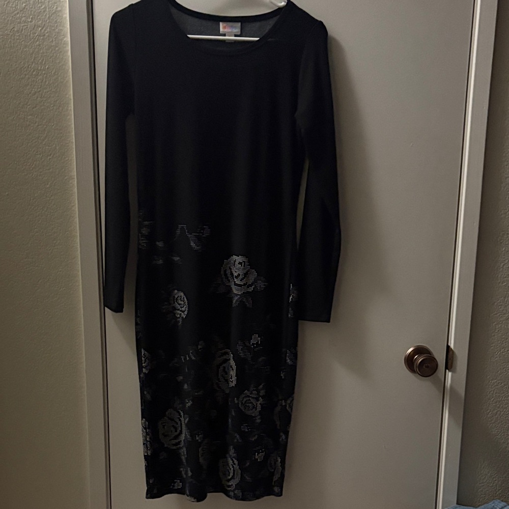 LuLaRoe Elegant Black Dress with Gray Floral Design